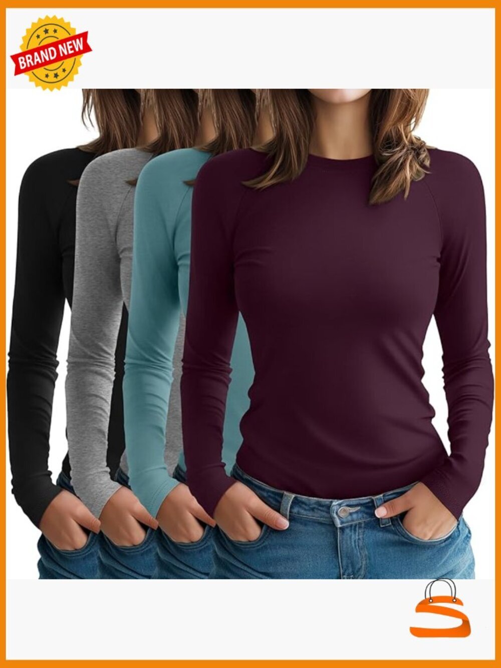 4 Pack Long Sleeve Crew Neck Tops Slim Fit Stretch Cotton Blend Tees
